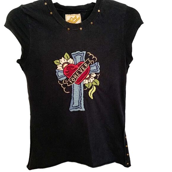 Soul Revival Black Embroidered Tattoo Forever Cross Tee Small - Picture 1 of 6